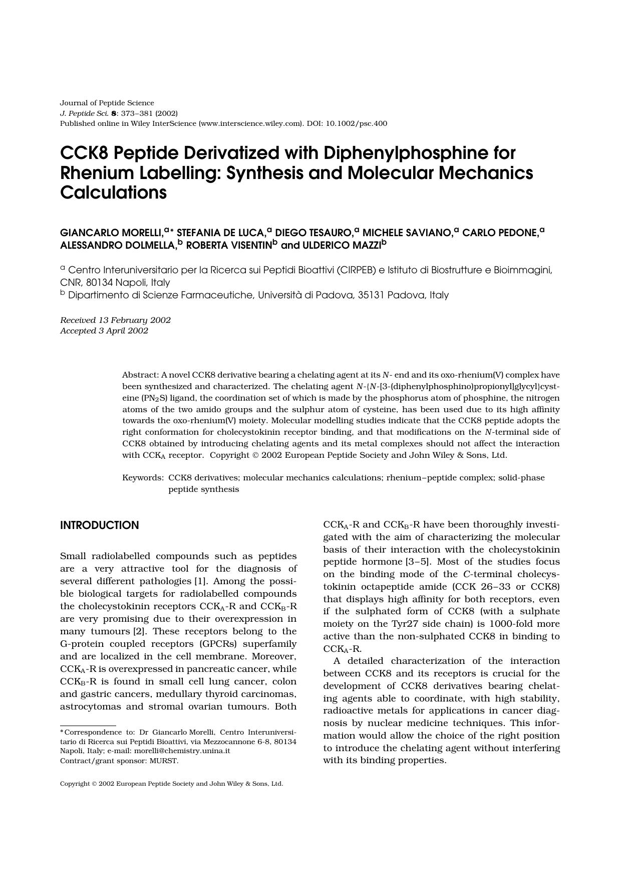 CCK8 peptide derivatized with diphenylphosphine for rhenium labelling: synthesis and molecular mechanics calculations by Unknown