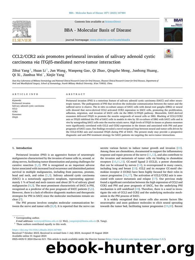 CCL2CCR2 axis promotes perineural invasion of salivary adenoid cystic carcinoma via ITGÎ²5-mediated nerve-tumor interaction by unknow