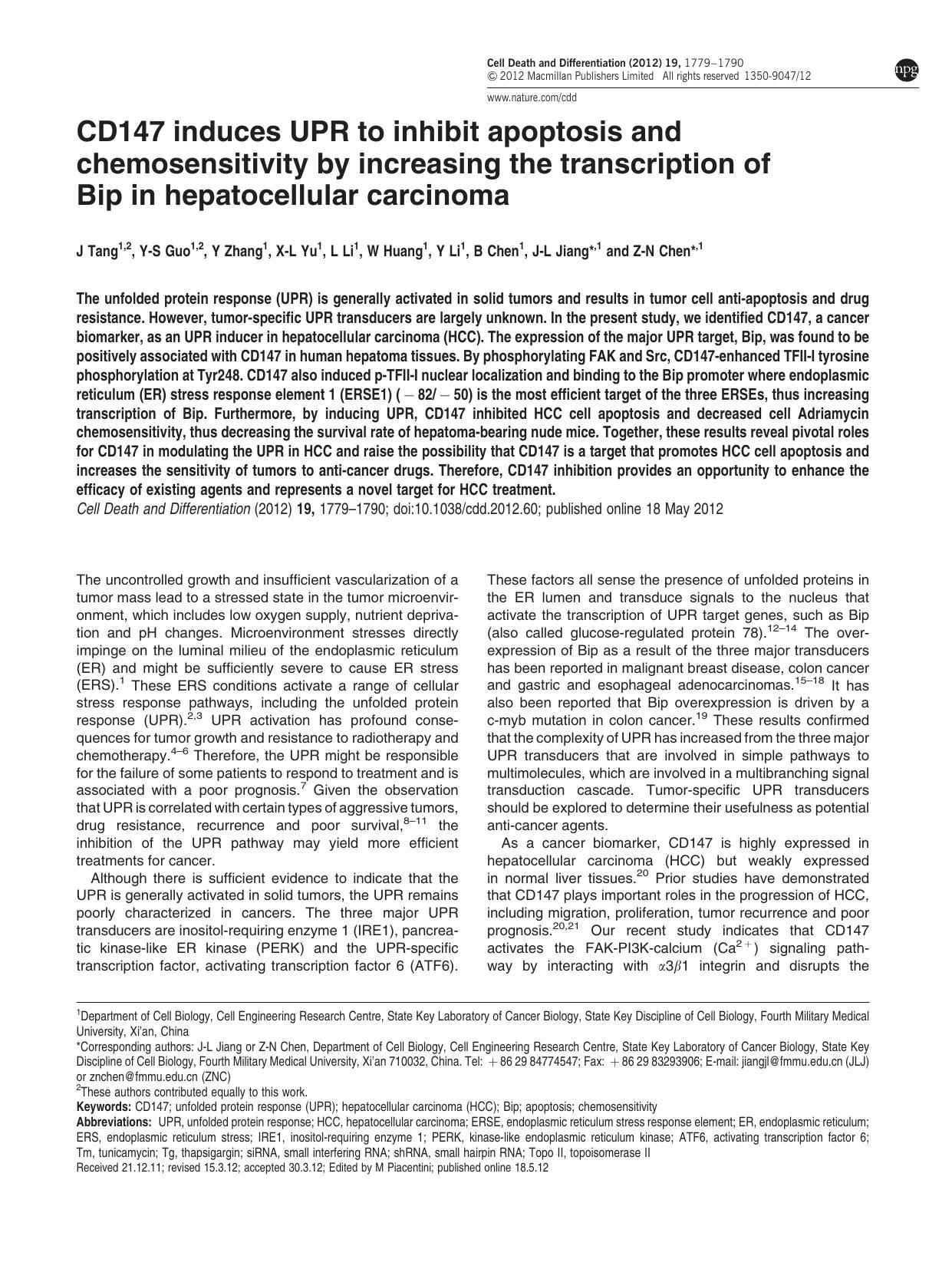 CD147 induces UPR to inhibit apoptosis and chemosensitivity by increasing the transcription of Bip in hepatocellular carcinoma by J Tang & Y-S Guo & Y Zhang & X-L Yu & L Li & W Huang & Y Li & B Chen & J-L Jiang & Z-N Chen &