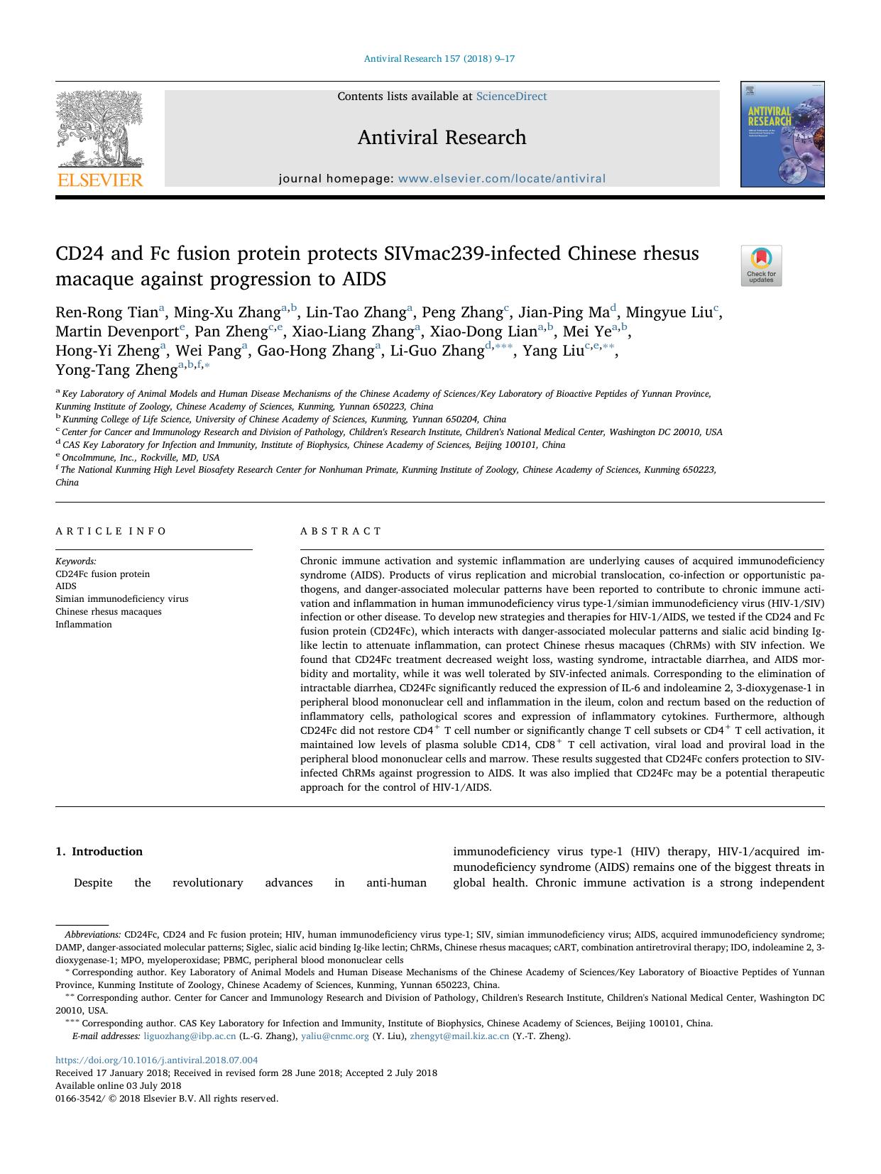 CD24 and Fc fusion protein protects SIVmac239-infected Chinese rhesus macaque against progression to AIDS by unknow