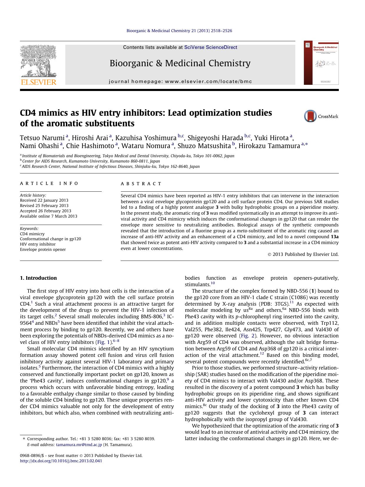 CD4 mimics as HIV entry inhibitors: Lead optimization studies of the aromatic substituents by unknow