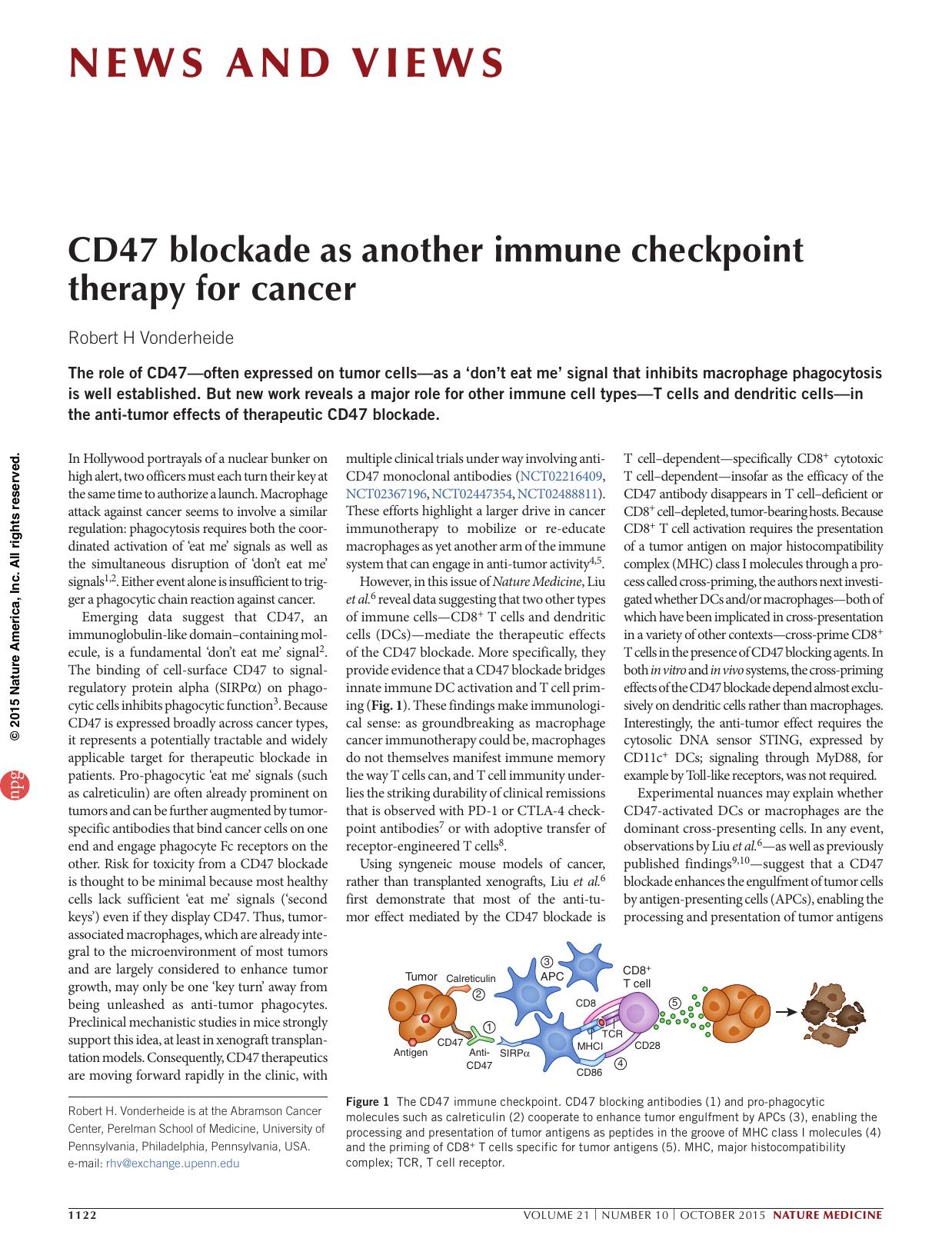 CD47 blockade as another immune checkpoint therapy for cancer by Robert H Vonderheide
