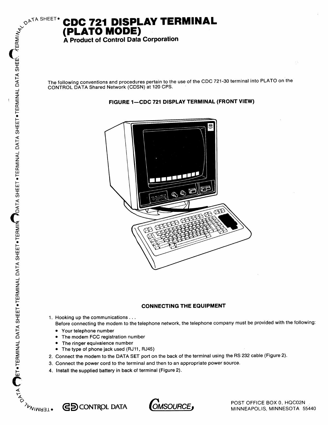 CDC 721 PLATO Mode Terminal Data Sheet by Unknown