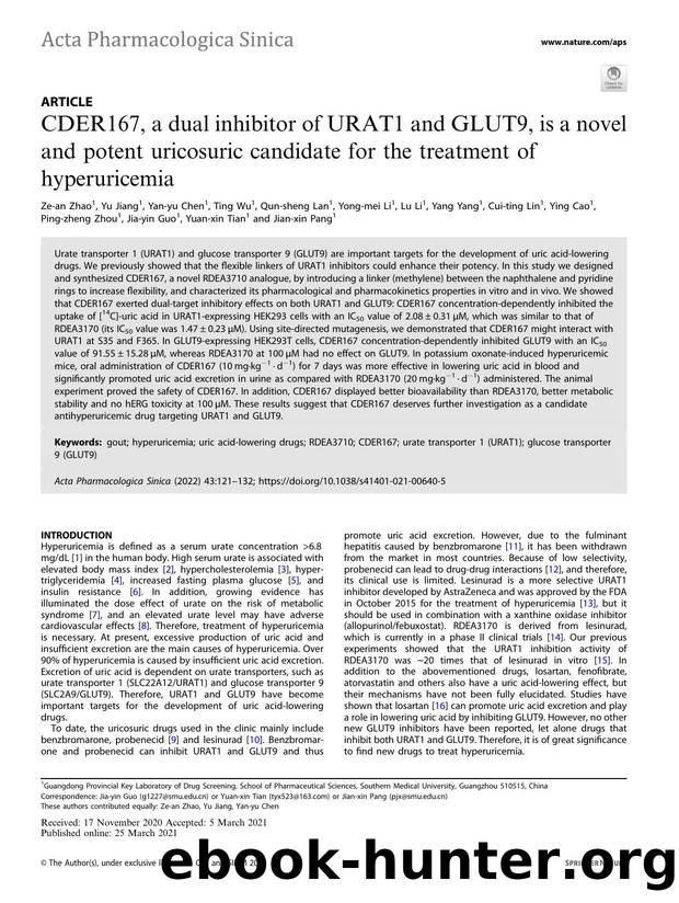CDER167, a dual inhibitor of URAT1 and GLUT9, is a novel and potent uricosuric candidate for the treatment of hyperuricemia by unknow