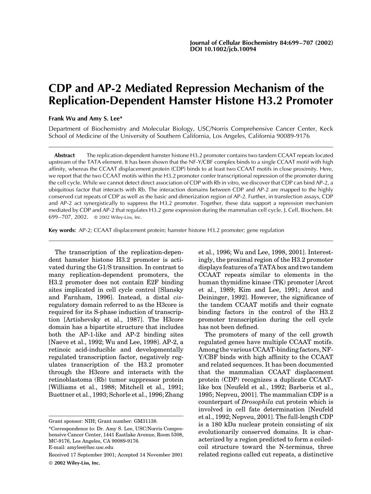 CDP and AP-2 mediated repression mechanism of the replication-dependent hamster histone H3.2 promoter by Unknown