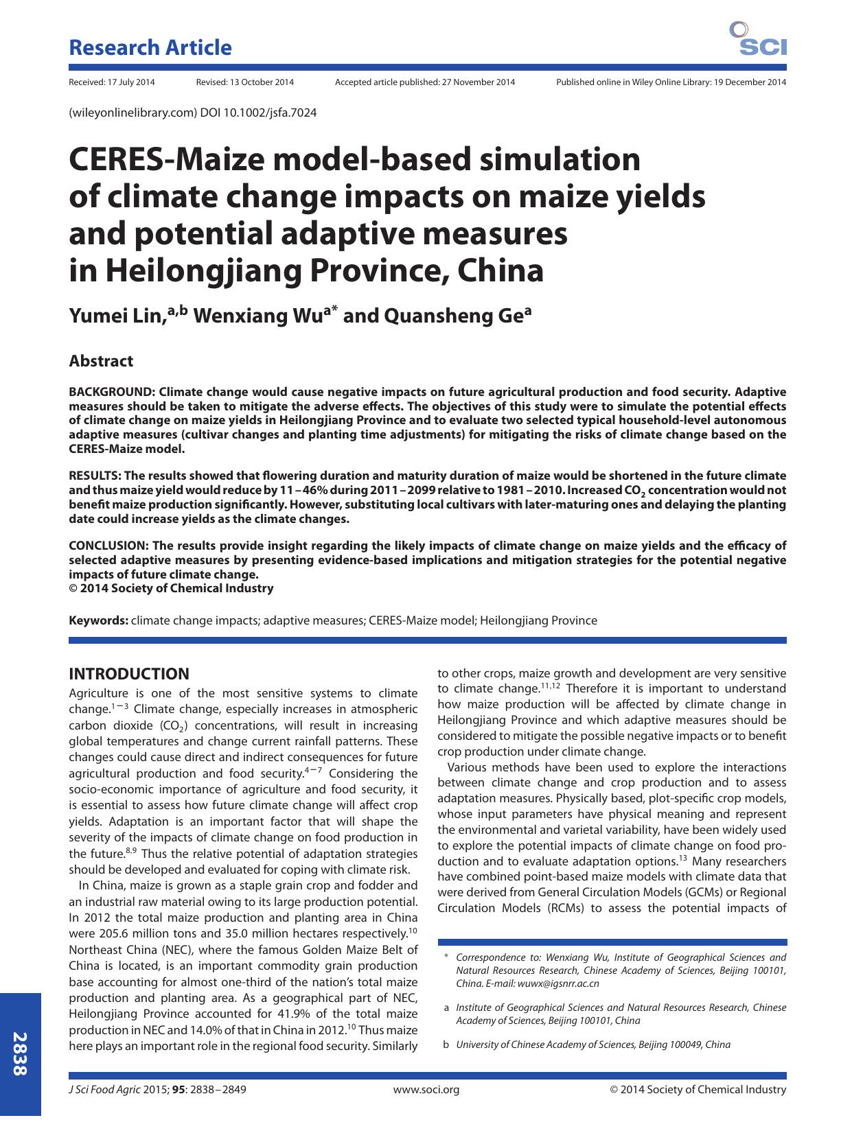 CERES-Maize model-based simulation of climate change impacts on maize yields and potential adaptive measures in Heilongjiang Province, China by Unknown