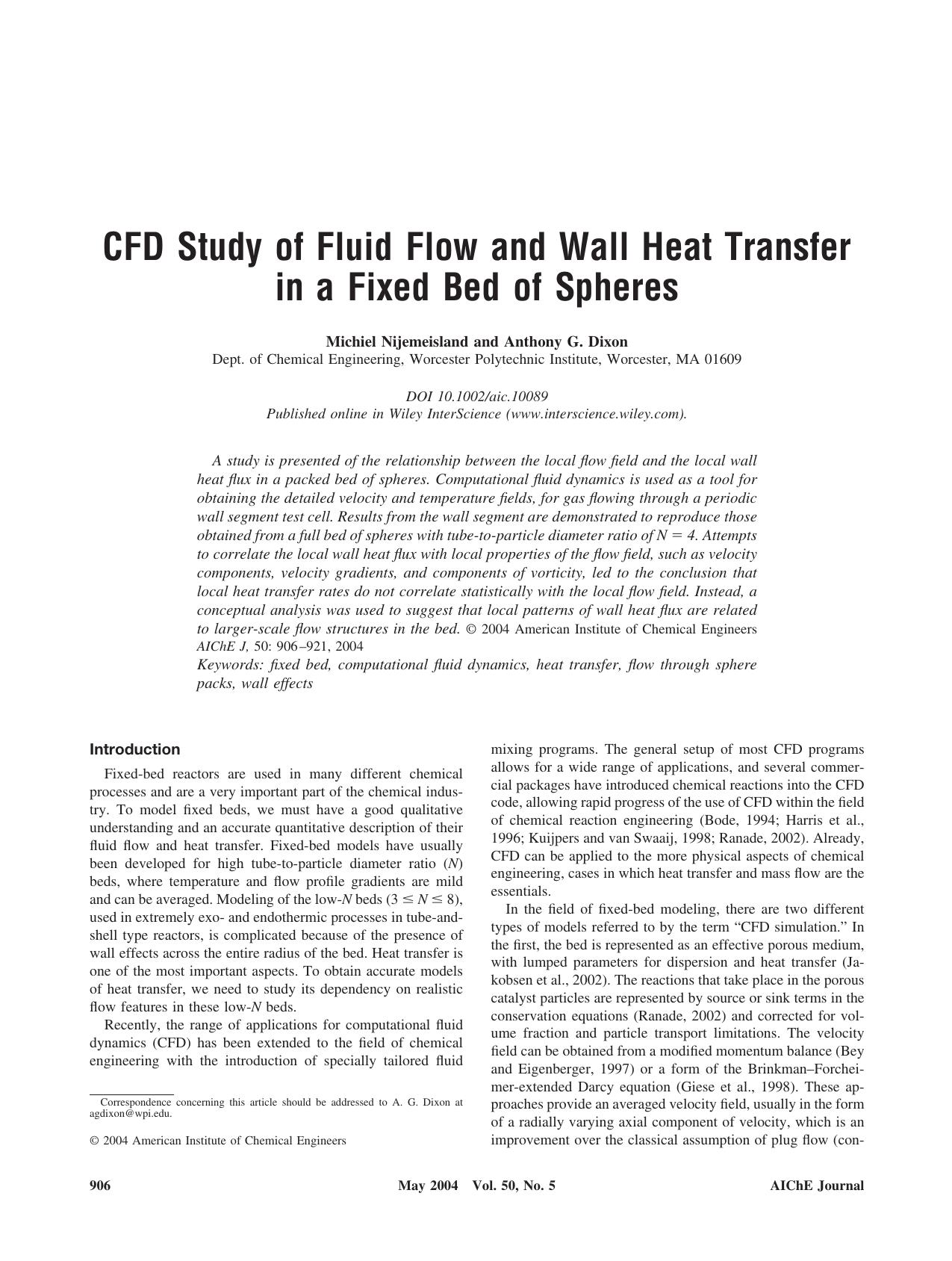 CFD study of fluid flow and wall heat transfer in a fixed bed of spheres by Unknown