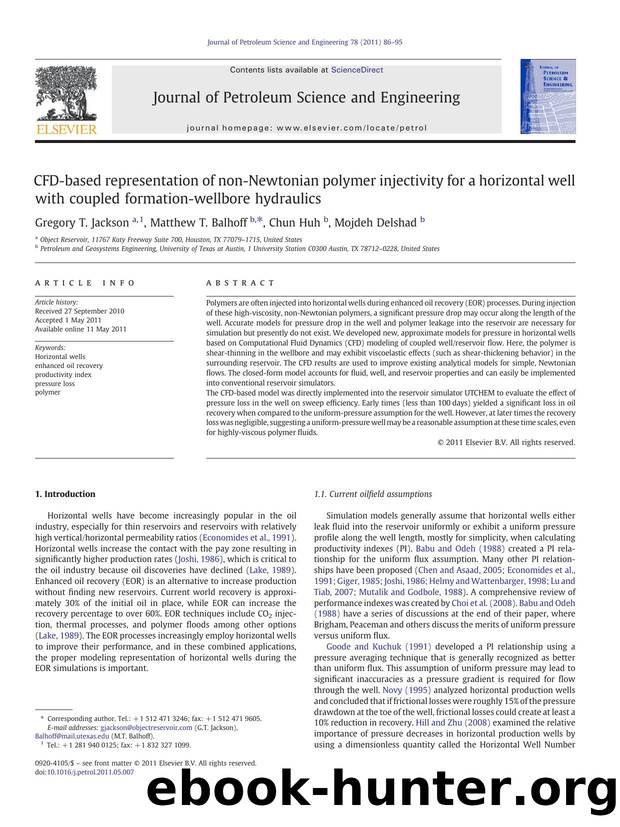 CFD-based representation of non-Newtonian polymer injectivity for a horizontal well with coupled formation-wellbore hydraulics by Gregory T. Jackson & Matthew T. Balhoff & Chun Huh & Mojdeh Delshad