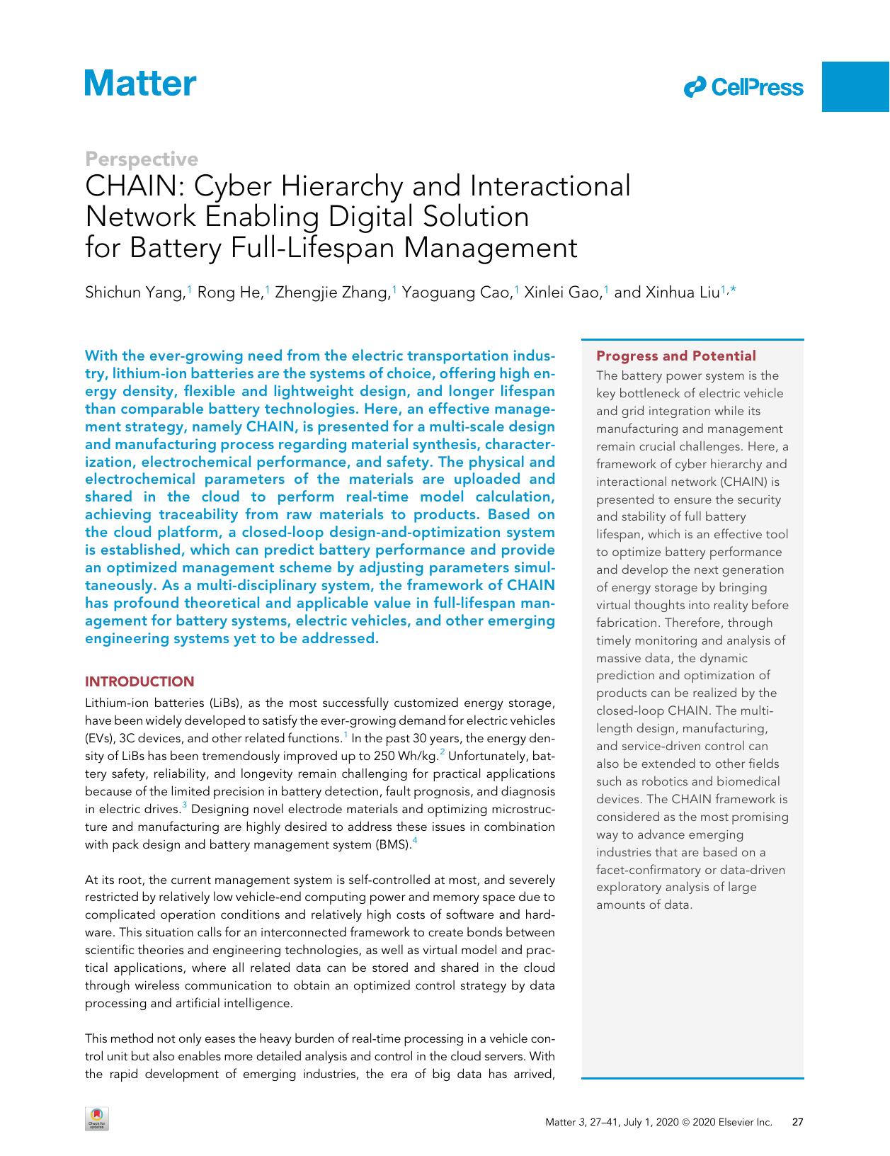 CHAIN: Cyber Hierarchy and Interactional Network Enabling Digital Solution for Battery Full-Lifespan Management by Shichun Yang