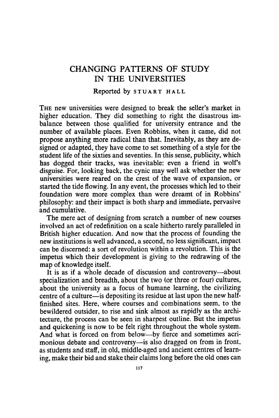 CHANGING PATTERNS OF STUDY IN THE UNIVERSITIES by Changing Patterns Of Study In The Universities