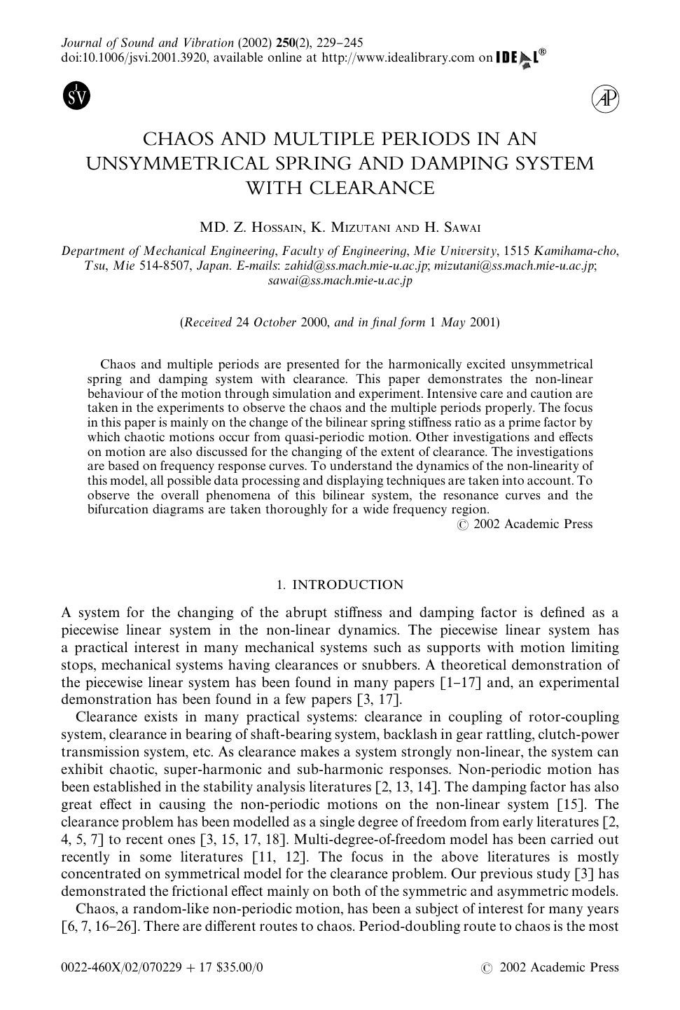 CHAOS AND MULTIPLE PERIODS IN AN UNSYMMETRICAL SPRING AND DAMPING SYSTEM WITH CLEARANCE by HOSSAIN MD. Z. et al