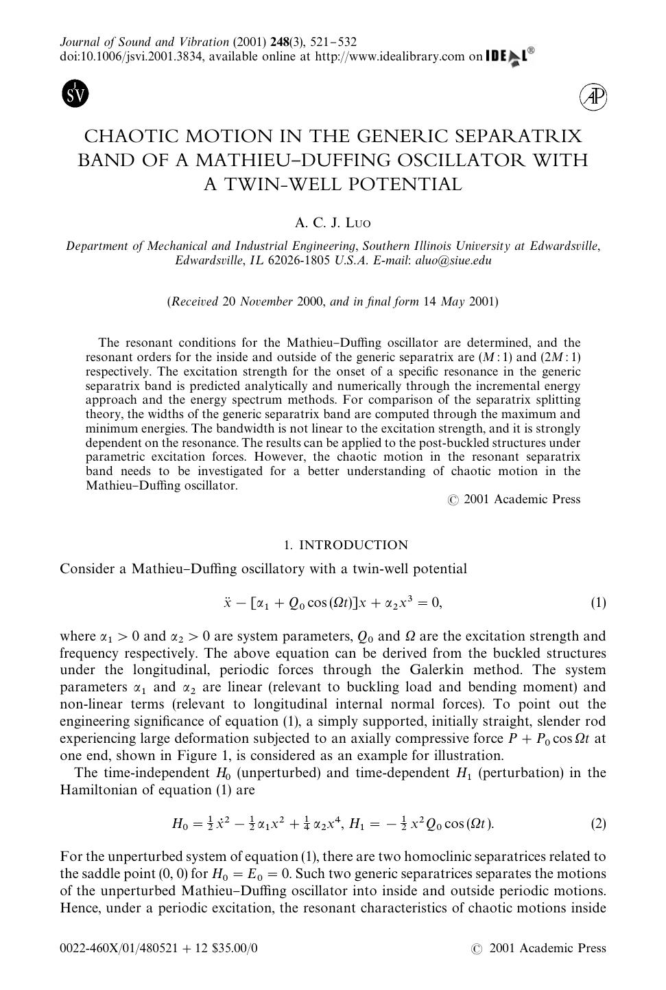 CHAOTIC MOTION IN THE GENERIC SEPARATRIX BAND OF A MATHIEU-DUFFING OSCILLATOR WITH A TWIN-WELL POTENTIAL by LUO A. C. J
