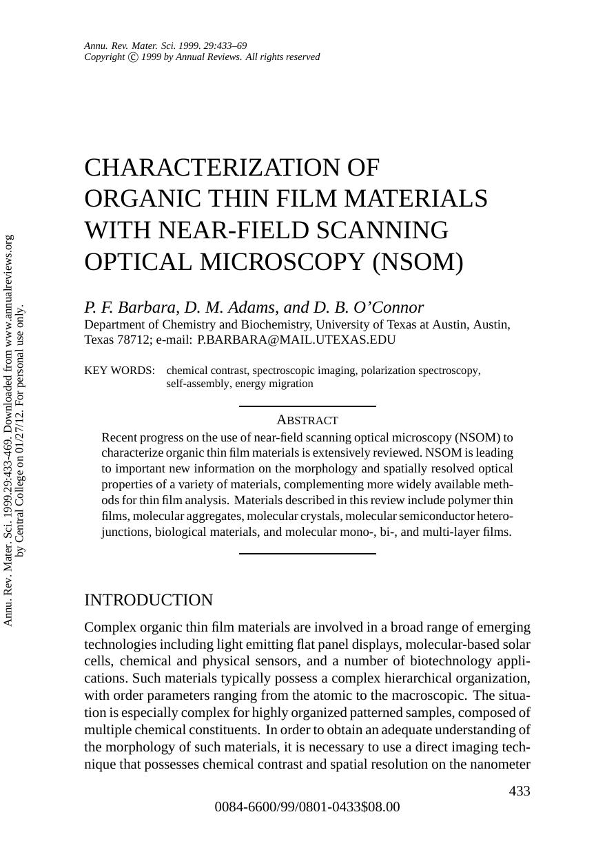 CHARACTERIZATION OF ORGANIC THIN FILM MATERIALS WITH NEAR-FIELD SCANNING OPTICAL MICROSCOPY (NSOM) by P. F. Barbara D. M. Adams & D. B. O'Connor