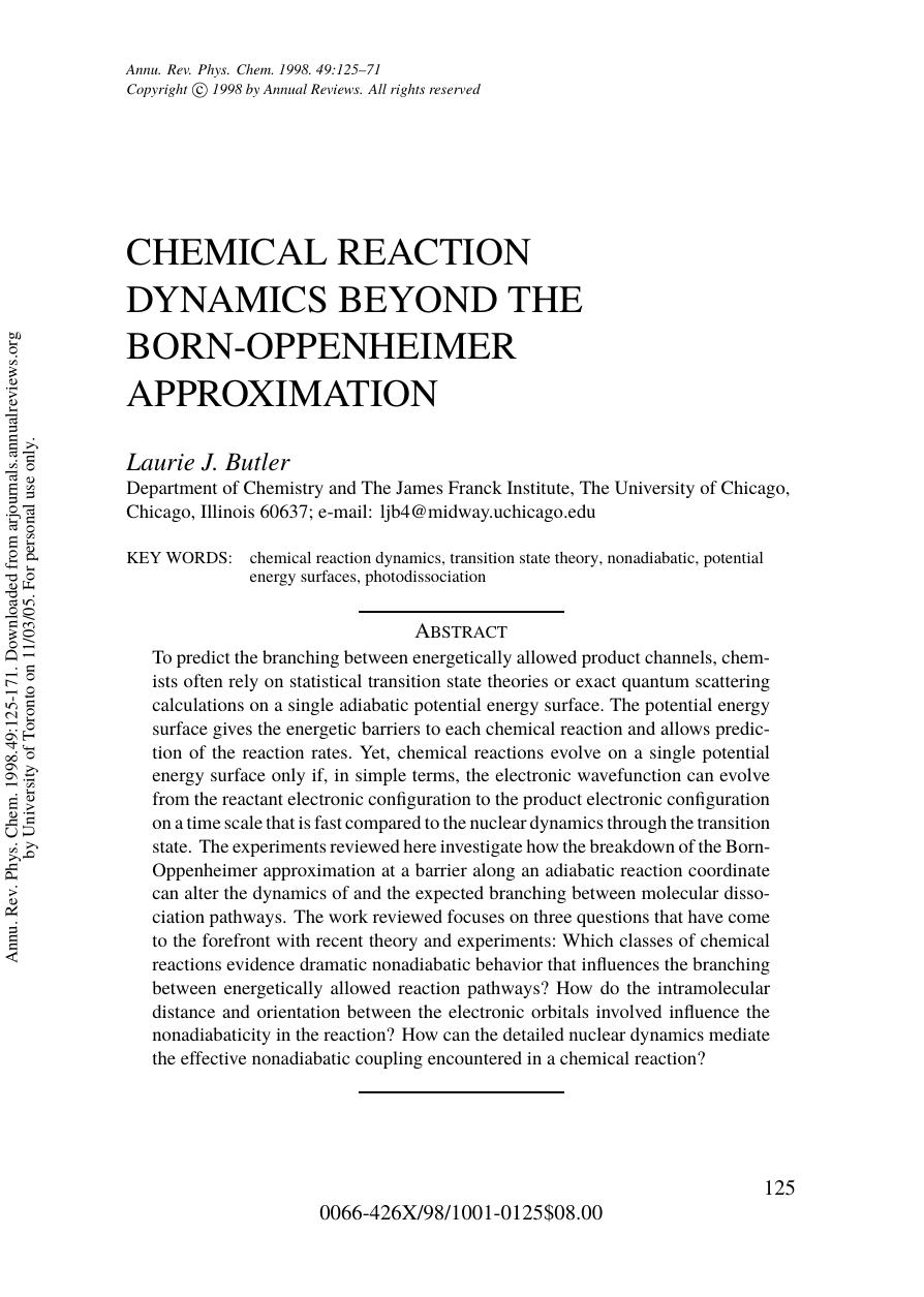 CHEMICAL REACTION DYNAMICS BEYOND THE BORN-OPPENHEIMER APPROXIMATION by Laurie J. Butler
