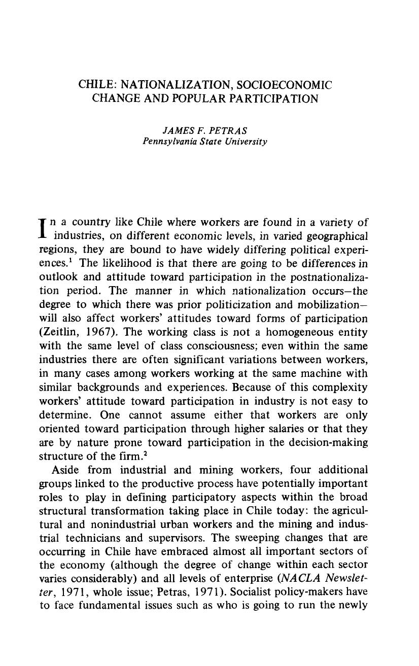 CHILE: NATIONALIZATION, SOCIOECONOMIC CHANGE AND POPULAR PARTICIPATION. by Nationalization Socioeconomic Change & Popular Participation
