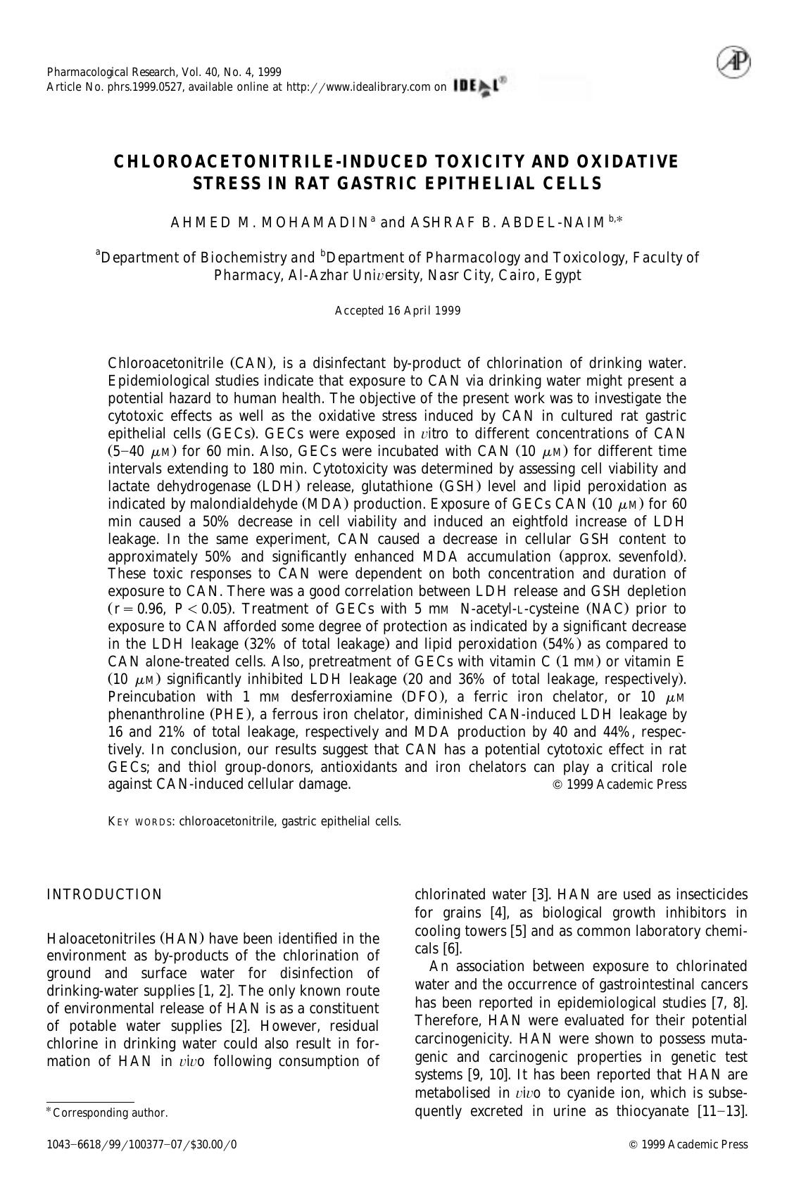 CHLOROACETONITRILE-INDUCED TOXICITY AND OXIDATIVE STRESS IN RAT GASTRIC EPITHELIAL CELLS by Mohamadin A.M. et al