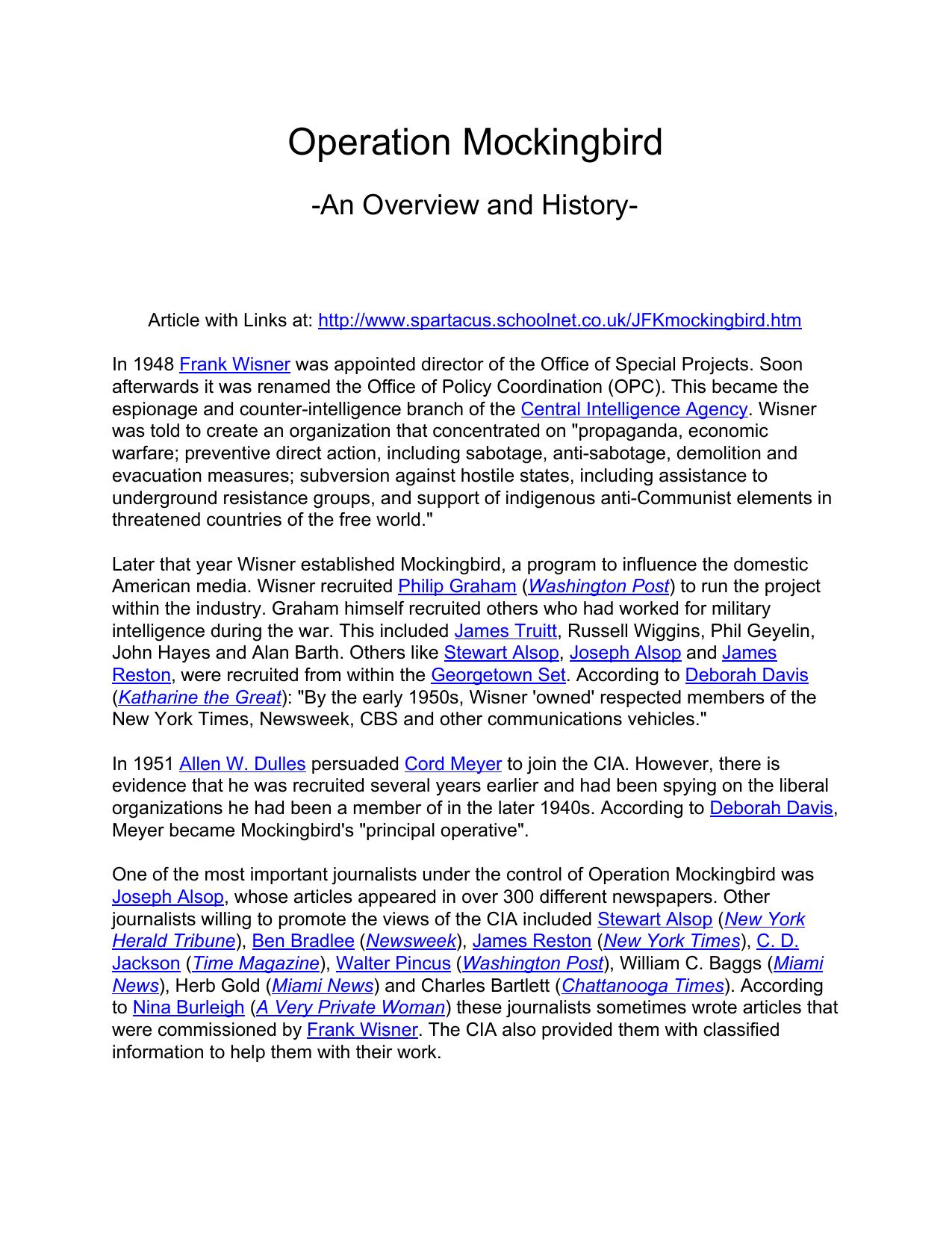 CIA Operation Mockingbird Document Collection by Many Authors