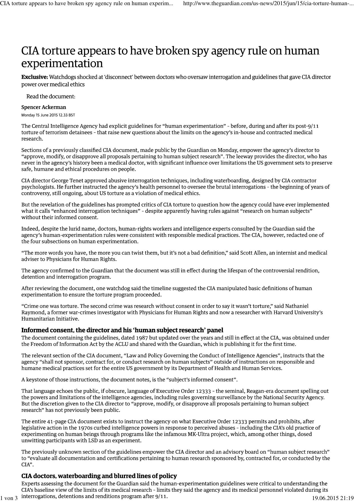 CIA torture appears to have broken spy agency rule on human experimentation | US news | The Guardian by Andi