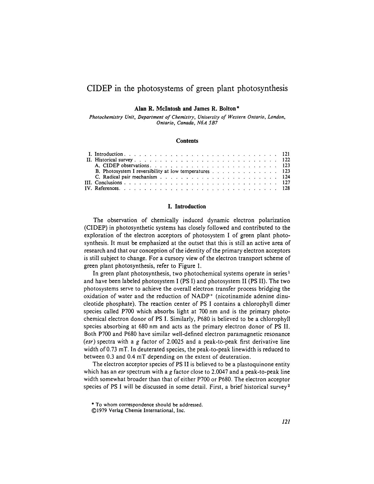 CIDEP in the photosystems of green plant photosynthesis by Unknown