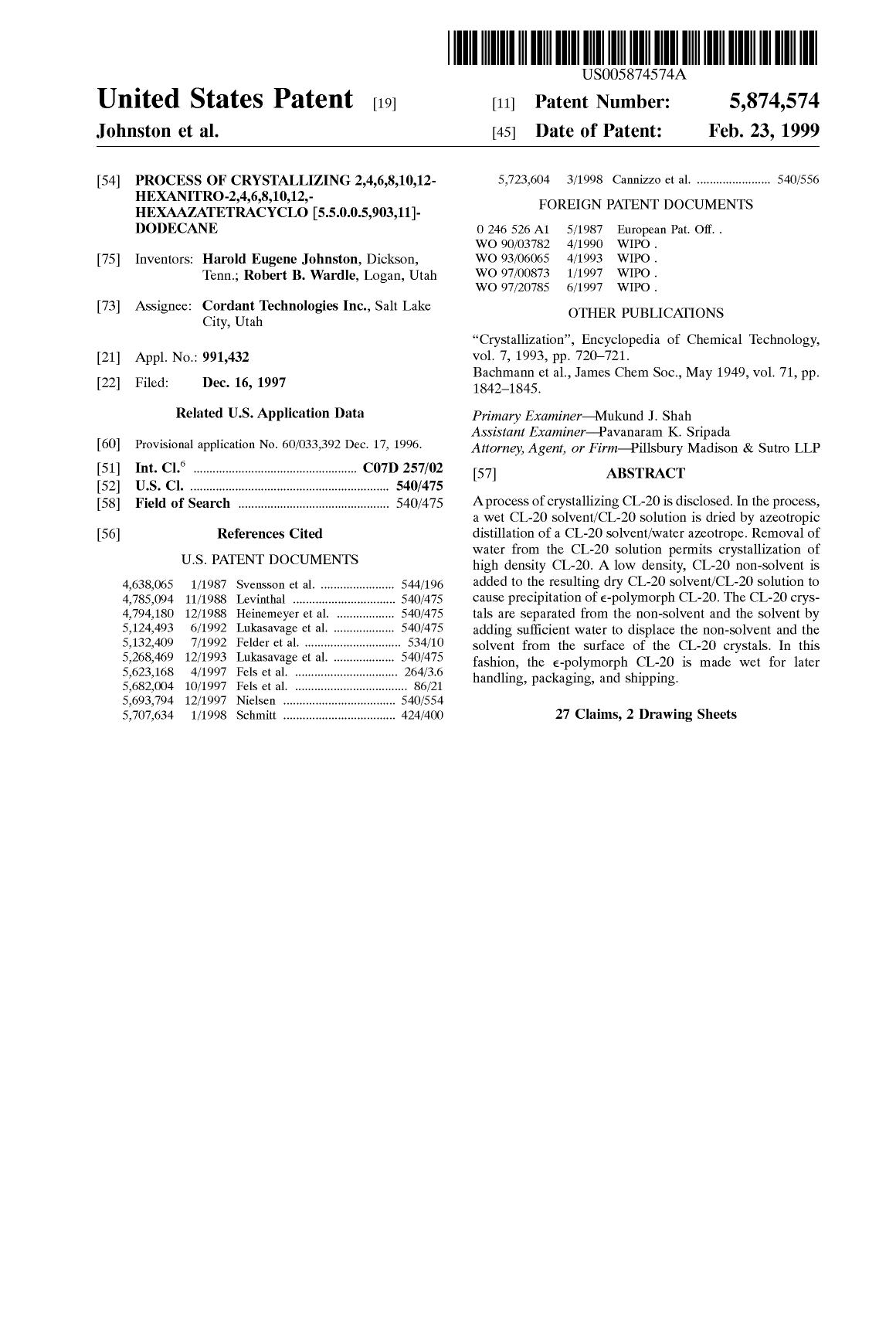 CL-20, Process of Crystallizing by US Patent 5874574