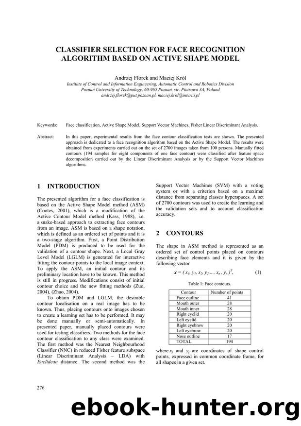 CLASSIFIER SELECTION FOR FACE RECOGNITION ALGORITHM BASED ON ACTIVE SHAPE MODEL by Andrzej Florek & Maciej Król