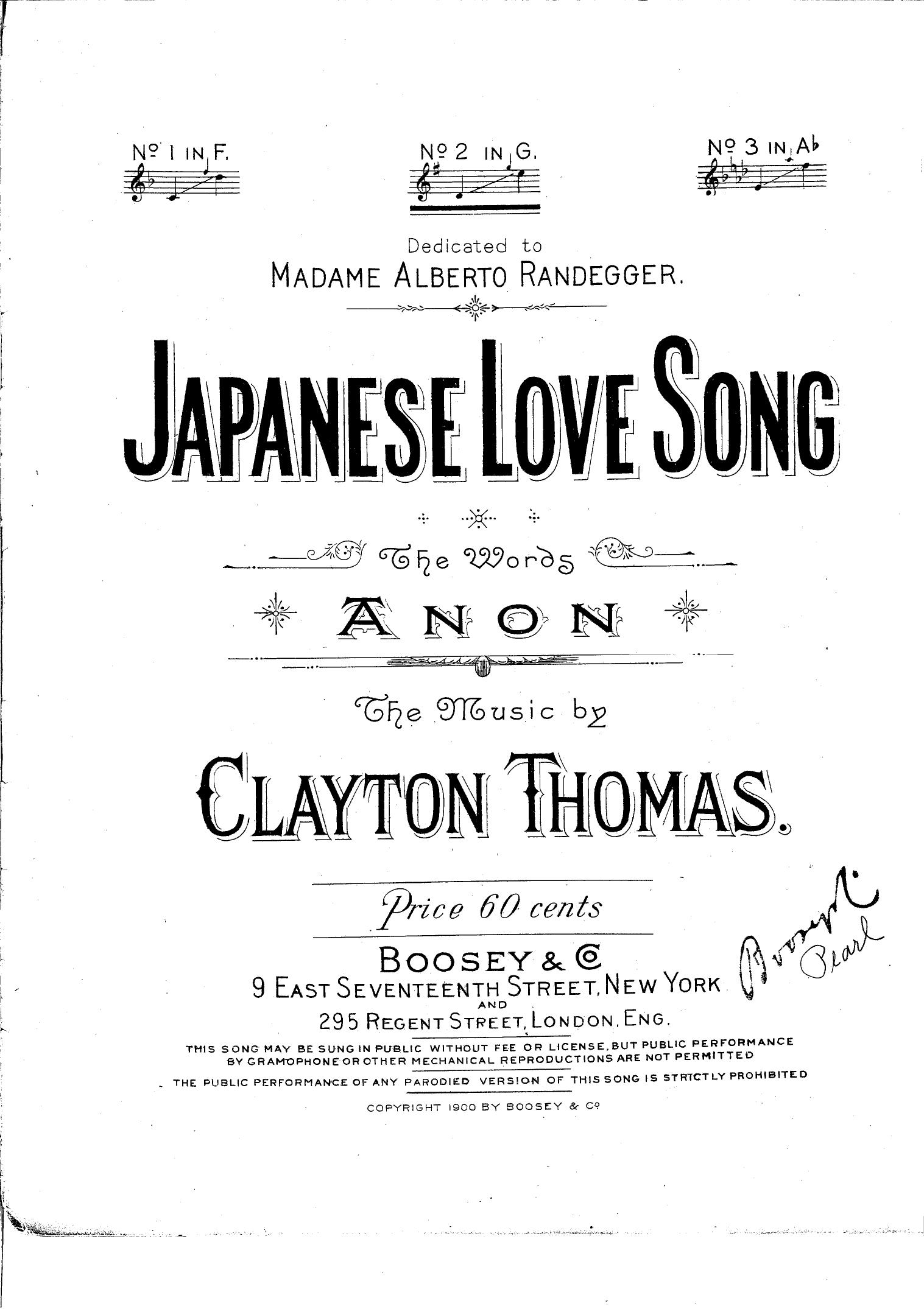 CLAYTON THOMAS - JAPANESE LOVE SONG - 1900 by SHEET MUSIC