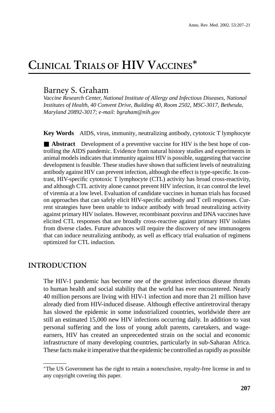 CLINICAL TRIALS OF HIV VACCINES* by Barney S. Graham