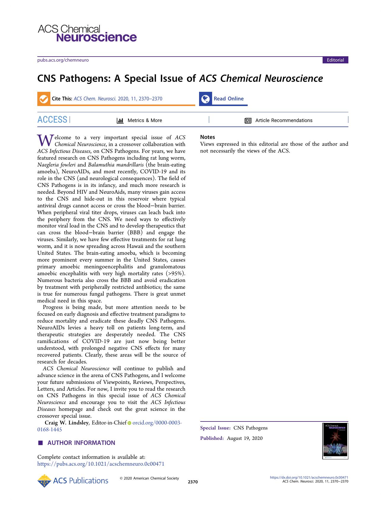 CNS Pathogens: A Special Issue of ACS Chemical Neuroscience by Craig W. Lindsley
