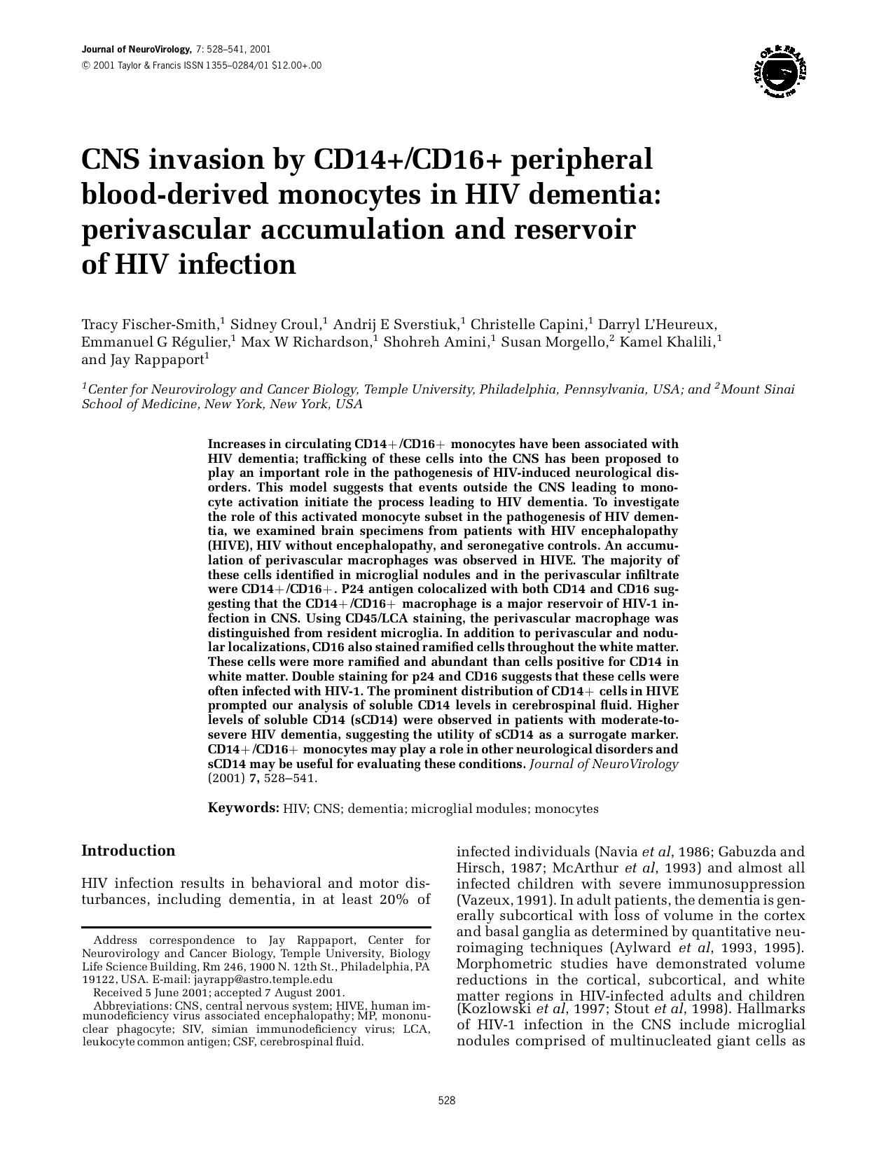 CNS invasion by CD14+CD16+ peripheral blood-derived monocytes in HIV dementia: perivascular accumulation and reservoir of HIV infection by Unknown