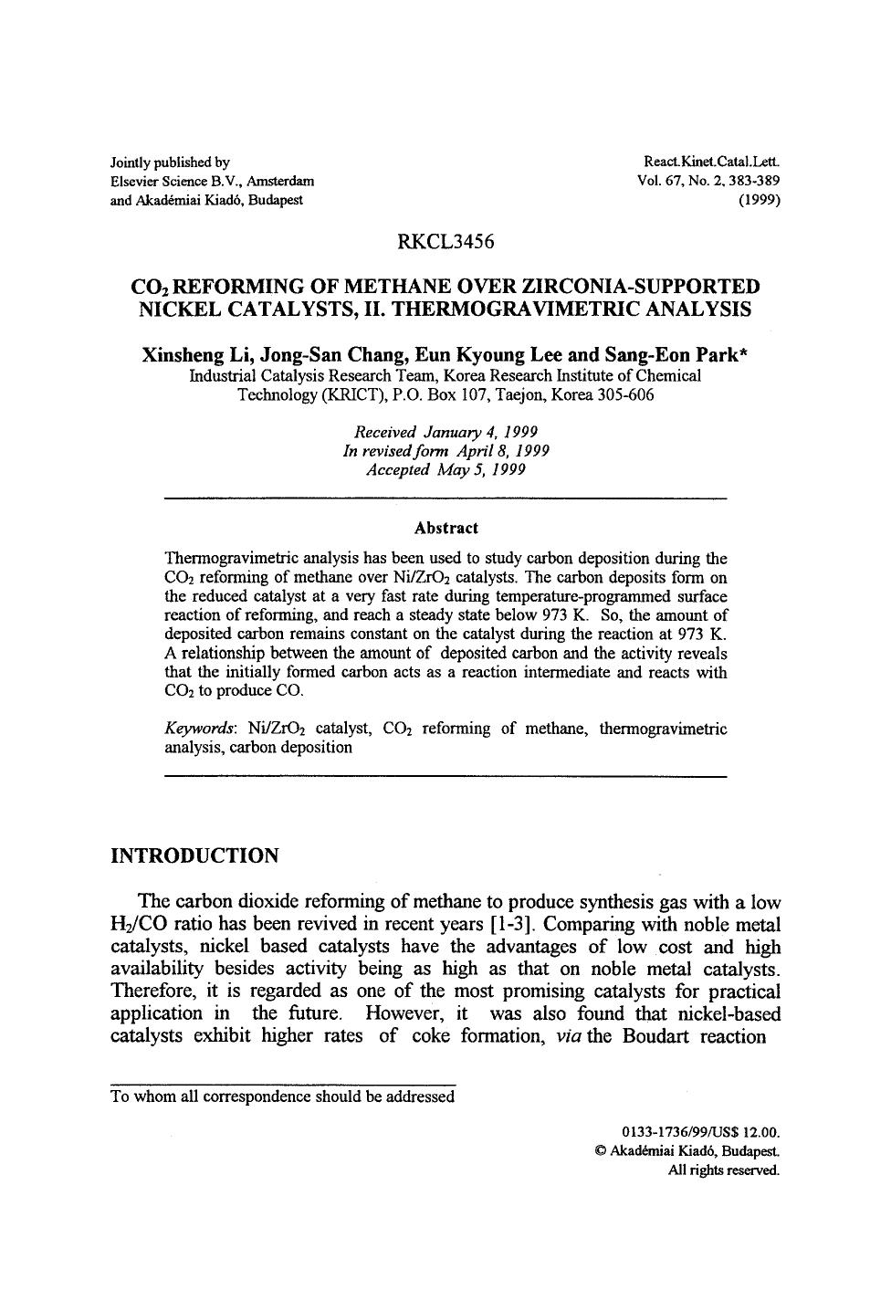 CO <Subscript>2 <Subscript> reforming of methane over zirconia-supported nickel catalysts, II. Thermogravimetric analysis by Unknown