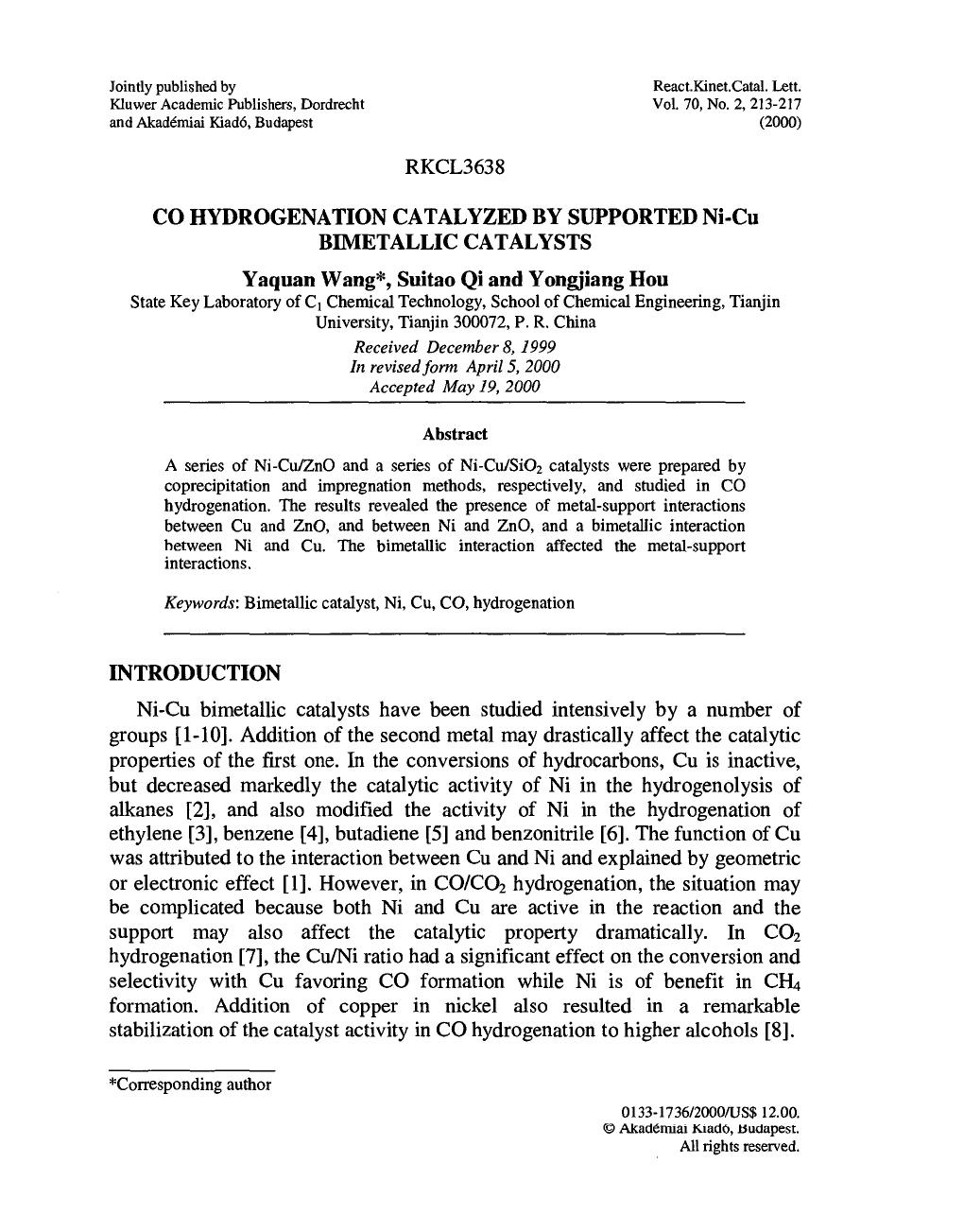 CO Hydrogenation Catalyzed by Supported Ni-Cu Bimetallic Catalysts by Unknown