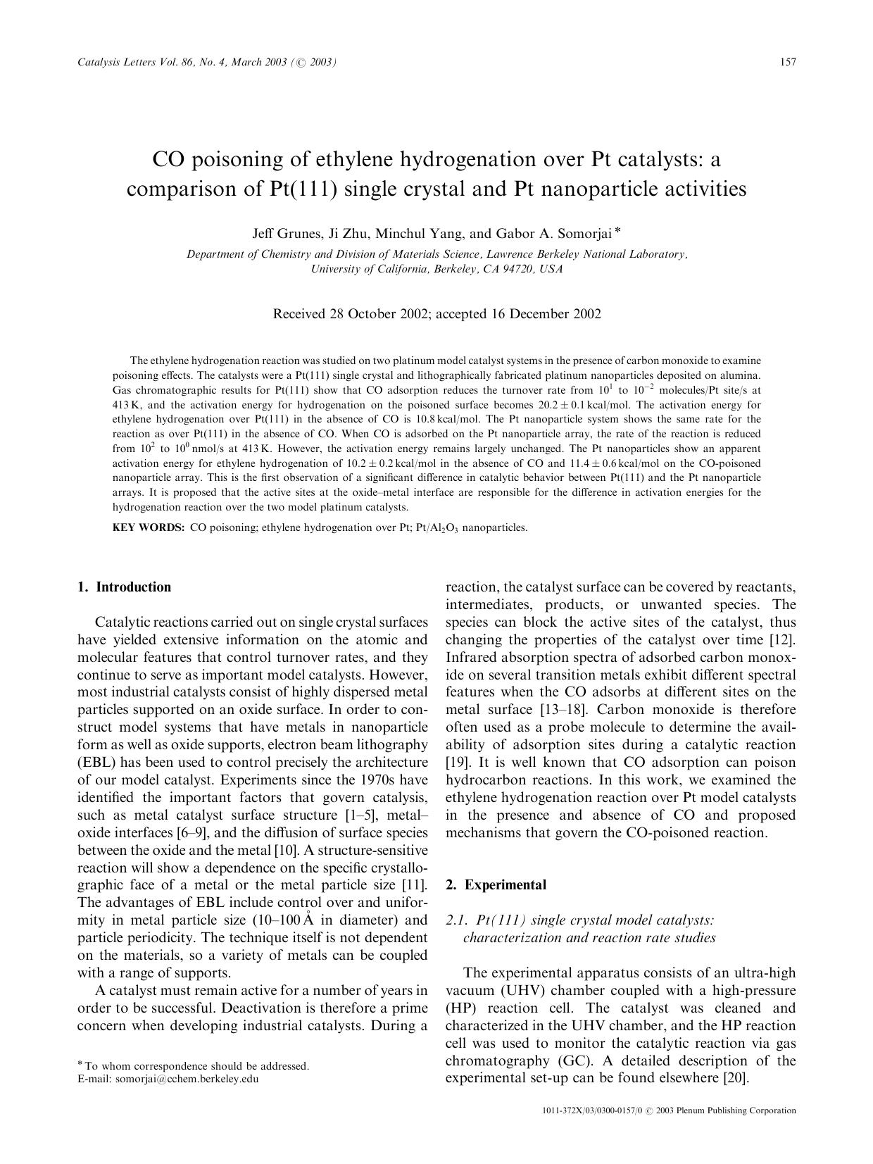 CO Poisoning of Ethylene Hydrogenation over Pt Catalysts: A Comparison of Pt(111) Single Crystal and Pt Nanoparticle Activities by Unknown