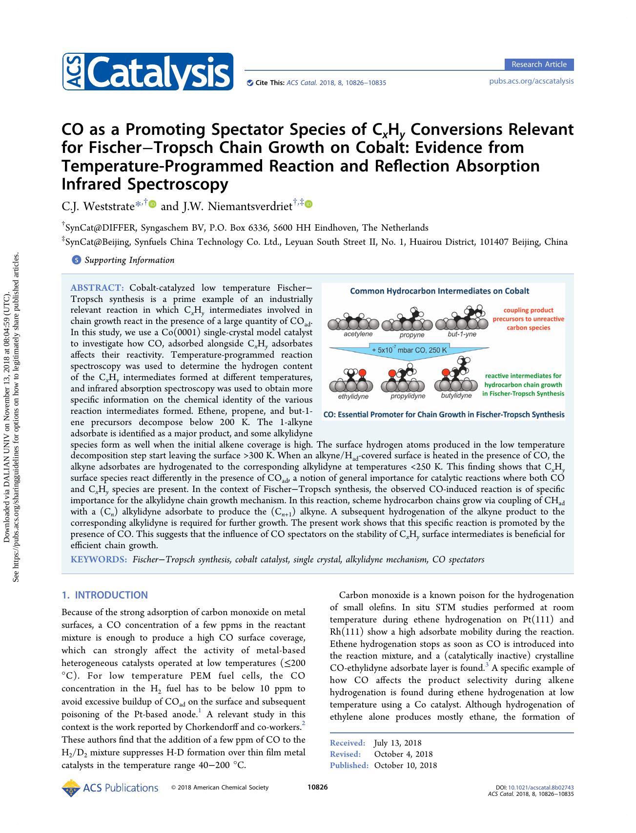CO as a Promoting Spectator Species of CxHy Conversions Relevant for FischerâTropsch Chain Growth on Cobalt: Evidence from Temperature-Programmed Reaction and Reflection Absorpti by C.J. Weststrate & J.W. Niemantsverdriet