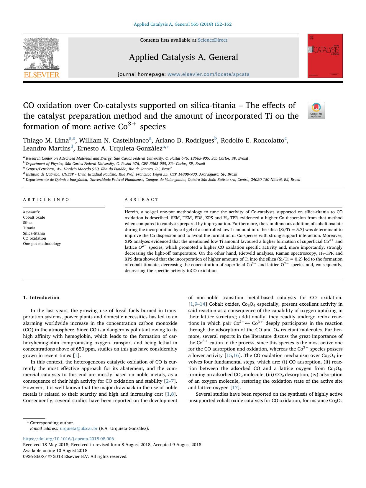 CO oxidation over Co-catalysts supported on silica-titania â The effects of the catalyst preparation method and the amount of incorporated Ti on the formation of more active Co3+ species by unknow