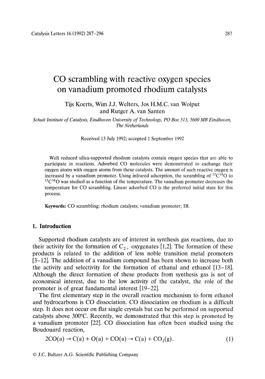 CO scrambling with reactive oxygen species on vanadium promoted rhodium catalysts by Unknown