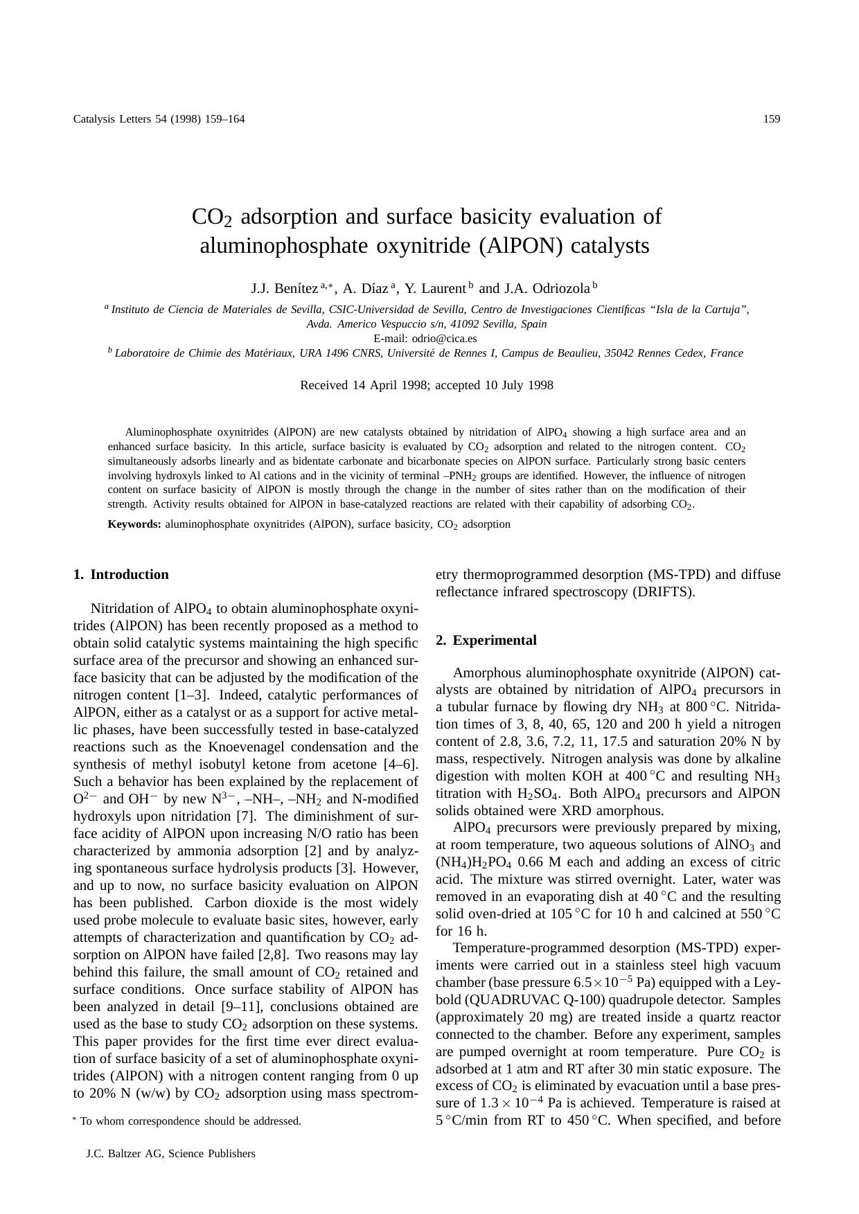 CO<Subscript>2<Subscript> adsorption and surface basicity evaluation of aluminophosphate oxynitride (AlPON) catalysts by Unknown