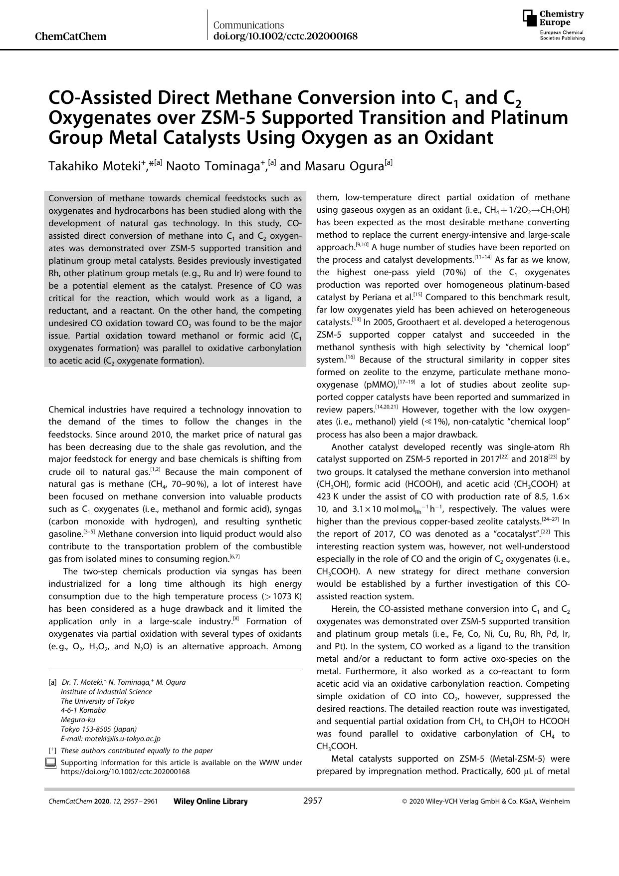 COâAssisted Direct Methane Conversion into C1 and C2 Oxygenates over ZSMâ5 Supported Transition and Platinum Group Metal Catalysts Using Oxygen as an Oxidant by Unknown