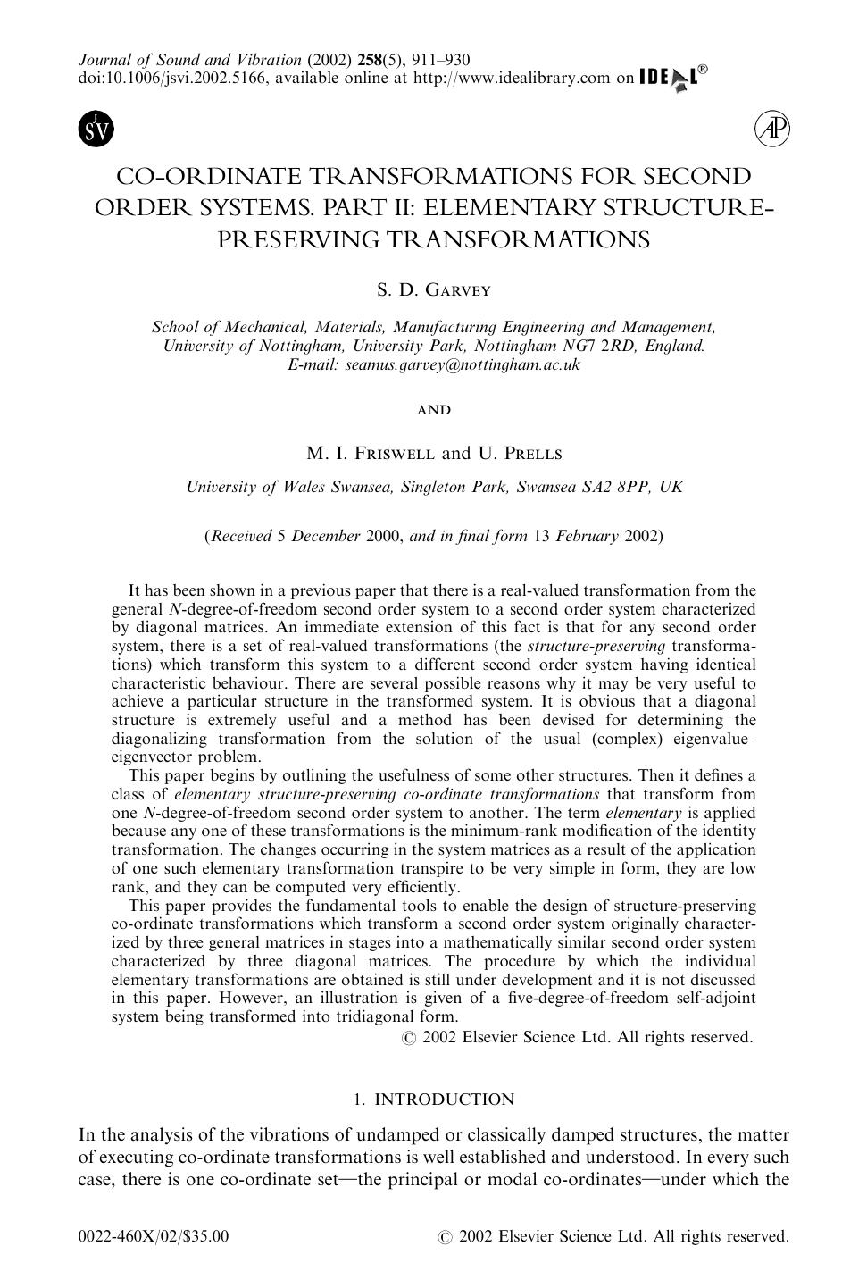 CO-ORDINATE TRANSFORMATIONS FOR SECOND ORDER SYSTEMS. PART II: ELEMENTARY STRUCTURE- PRESERVING TRANSFORMATIONS by GARVEY S. D. et al