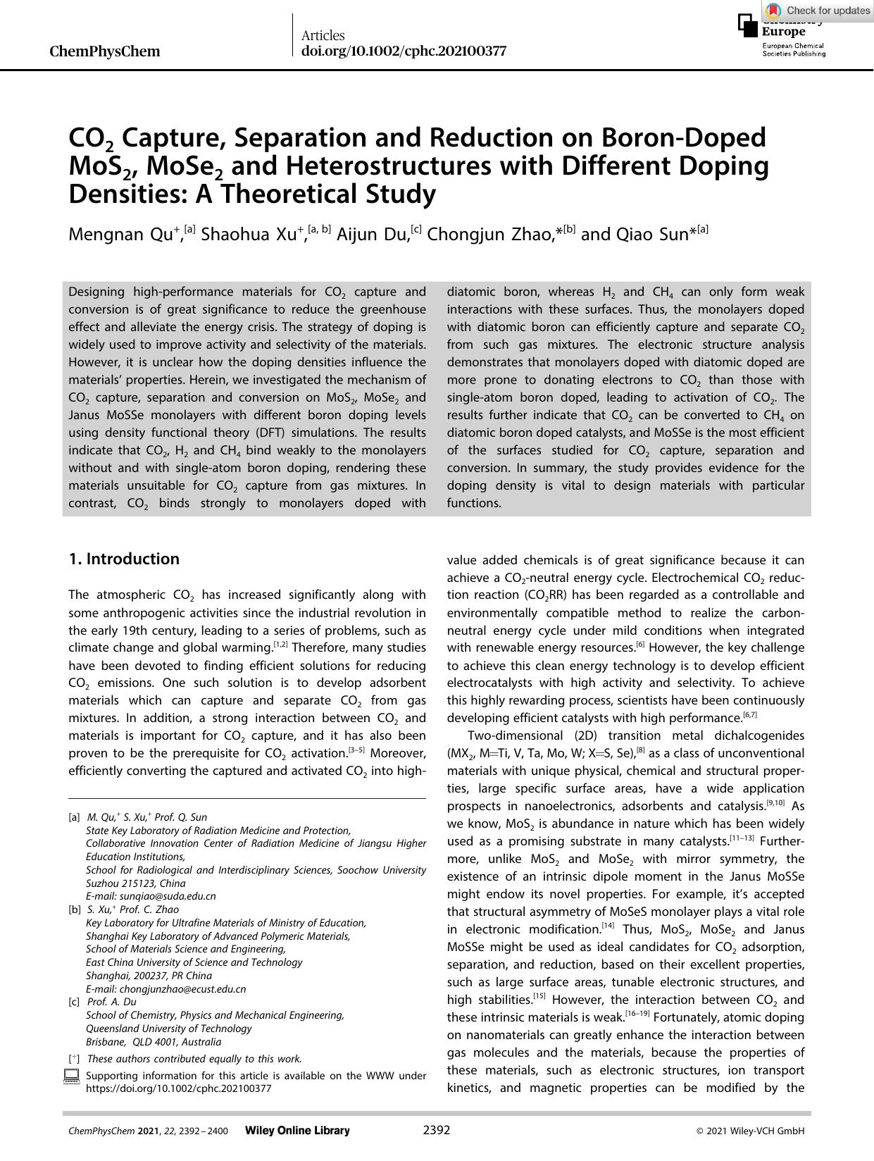 CO2 Capture, Separation and Reduction on BoronâDoped MoS2, MoSe2 and Heterostructures with Different Doping Densities: A Theoretical Study by Unknown