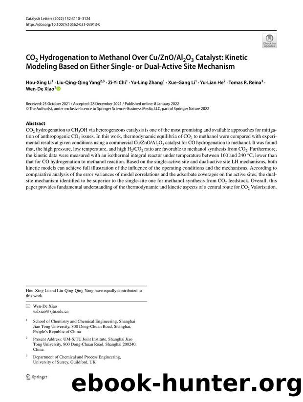 CO2 Hydrogenation to Methanol Over CuZnOAl2O3 Catalyst: Kinetic Modeling Based on Either Single- or Dual-Active Site Mechanism by unknow