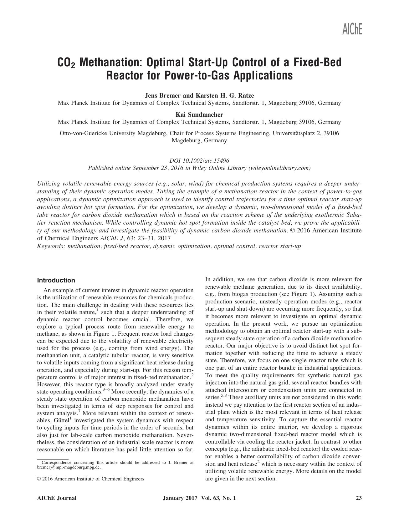 CO2 Methanation: Optimal Start‐Up Control of a Fixed‐Bed Reactor for Power‐to‐Gas Applications by Unknown