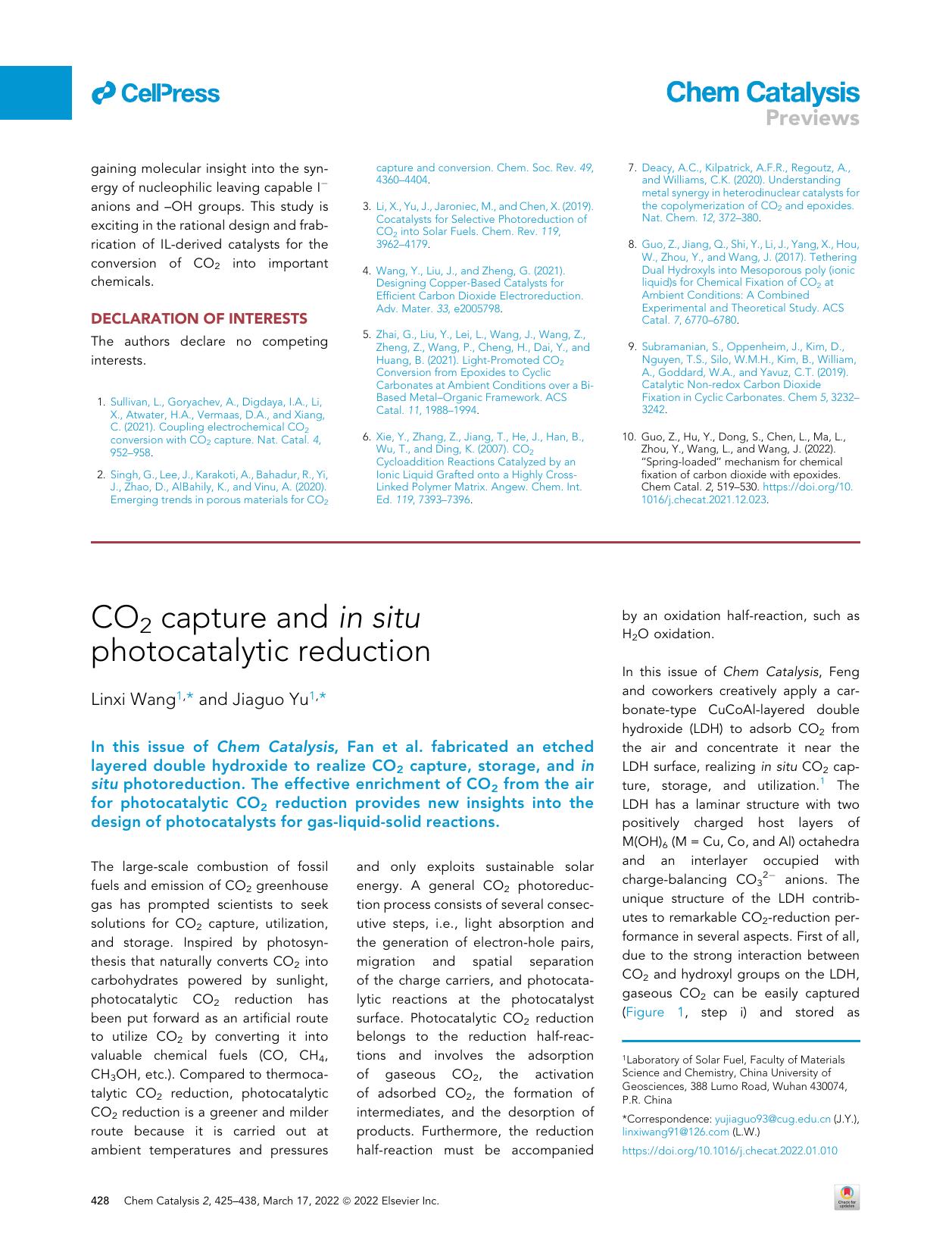 CO2 capture and in situ photocatalytic reduction by Linxi Wang & Jiaguo Yu