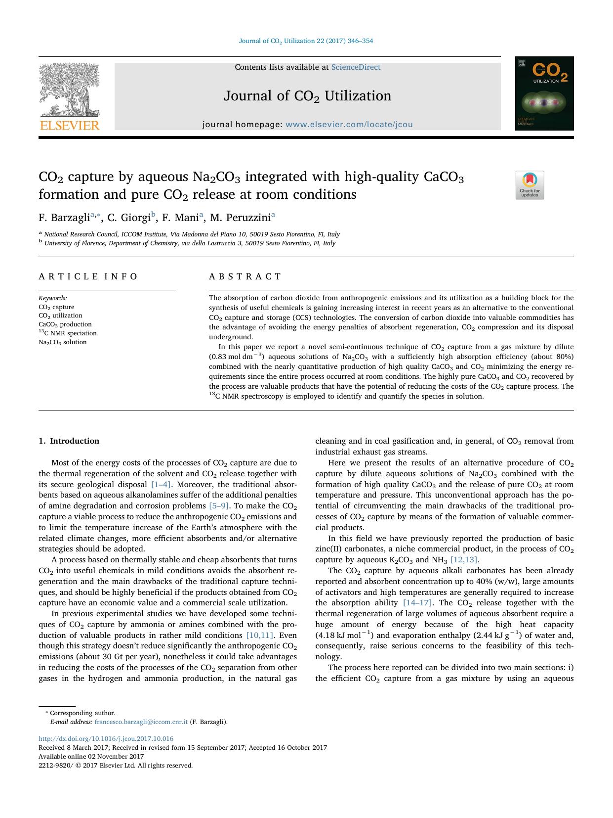 CO2 capture by aqueous Na2CO3 integrated with high-quality CaCO3 formation and pure CO2 release at room conditions by F. Barzagli & C. Giorgi & F. Mani & M. Peruzzini