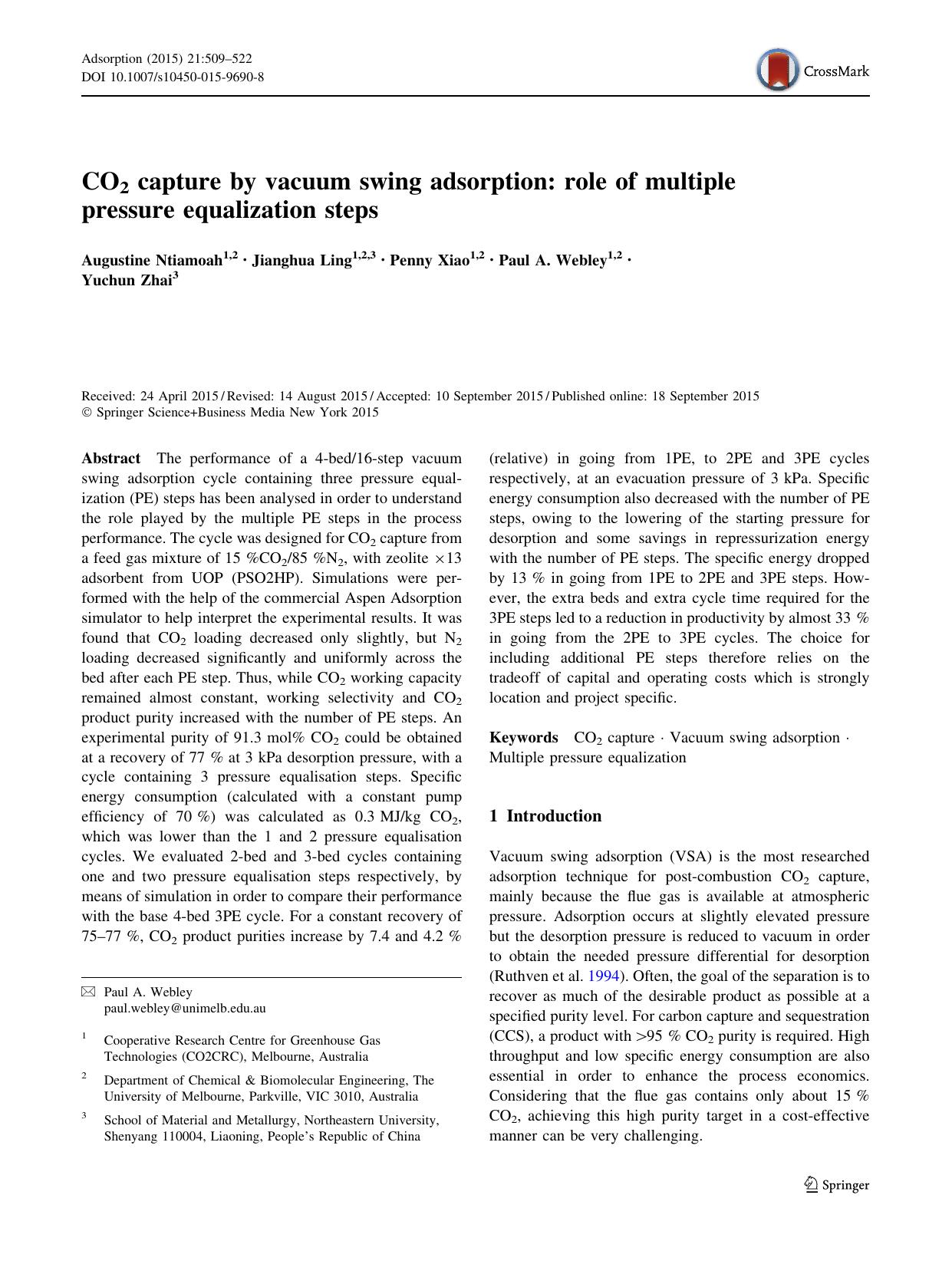 CO2 capture by vacuum swing adsorption: role of multiple pressure equalization steps by Augustine Ntiamoah & Jianghua Ling & Penny Xiao & Paul A. Webley & Yuchun Zhai