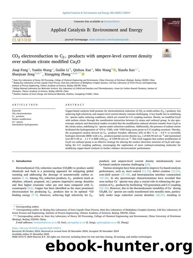 CO2 electroreduction to C2+ products with ampere-level current density over sodium citrate modified Cu2O by unknow