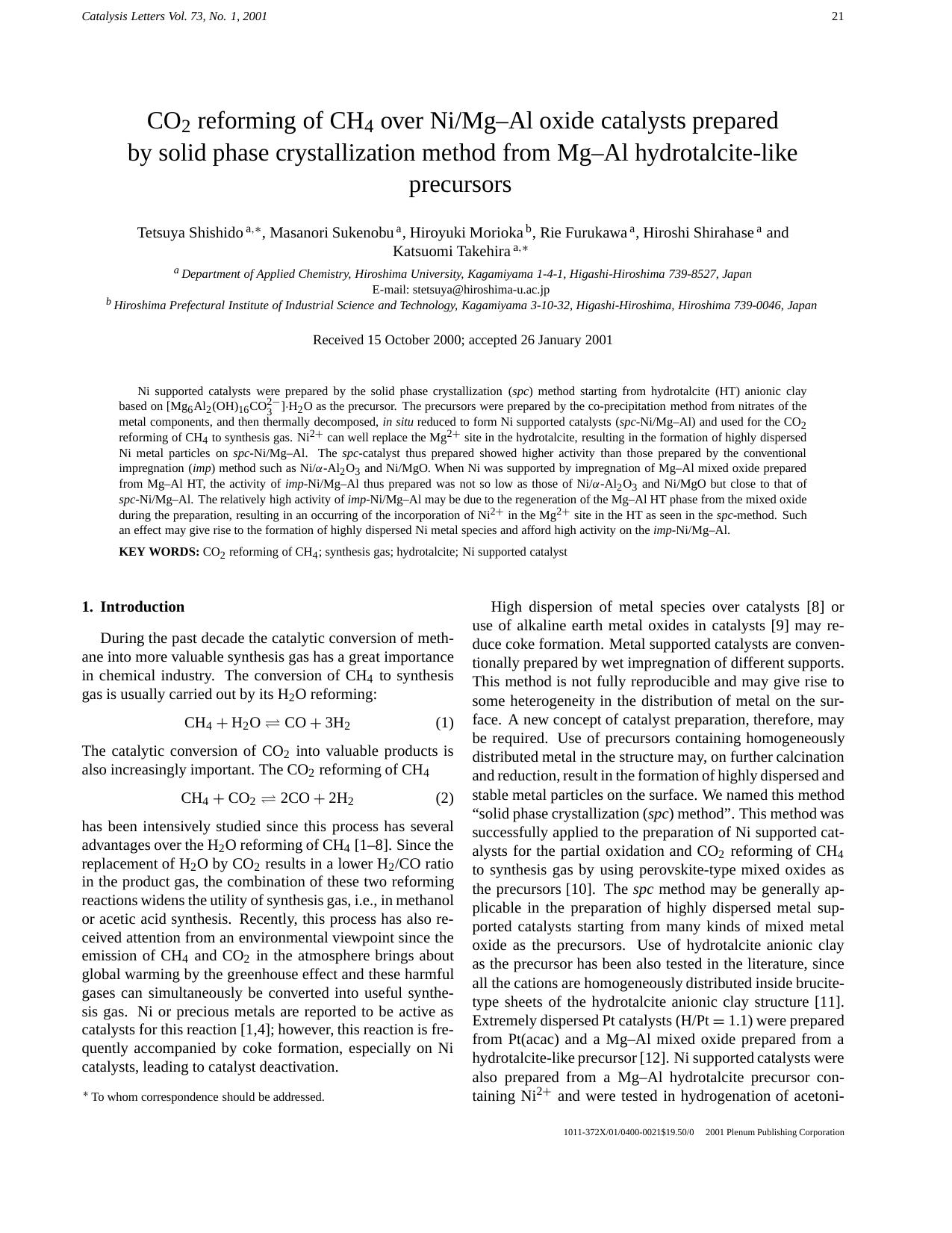 CO2 reforming of CH4 over NiMg&#x2013;Al oxide catalysts prepared by solid phase crystallization method from Mg&#x2013;Al hydrotalcite-like precursors by Unknown
