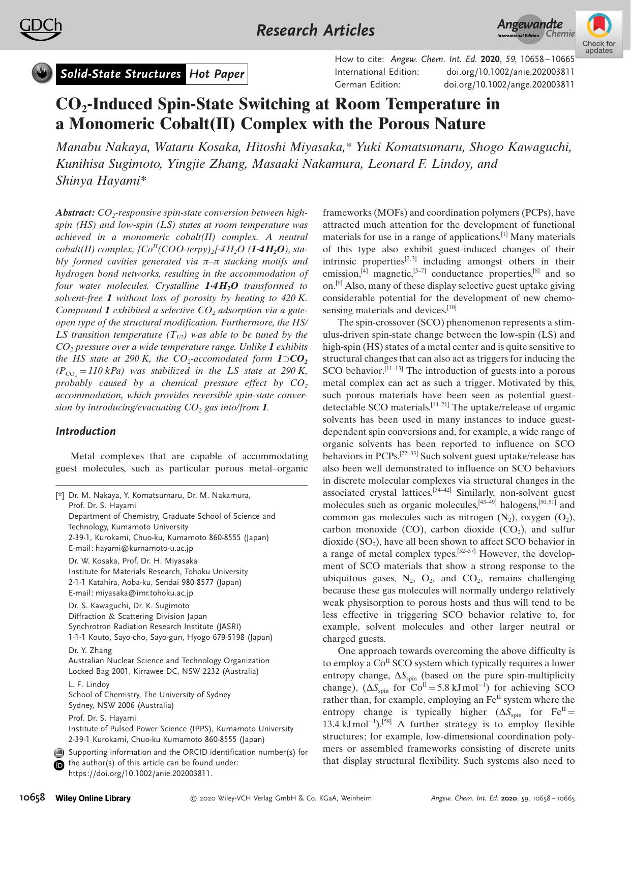 CO2âInduced SpinâState Switching at Room Temperature in a Monomeric Cobalt(II) Complex with the Porous Nature by Unknown