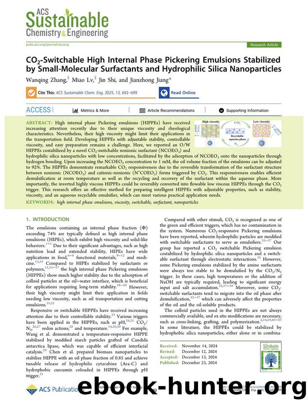 CO2-Switchable High Internal Phase Pickering Emulsions Stabilized by Small-Molecular Surfactants and Hydrophilic Silica Nanoparticles by Wanqing Zhang Miao Lv Jin Shi and Jianzhong Jiang