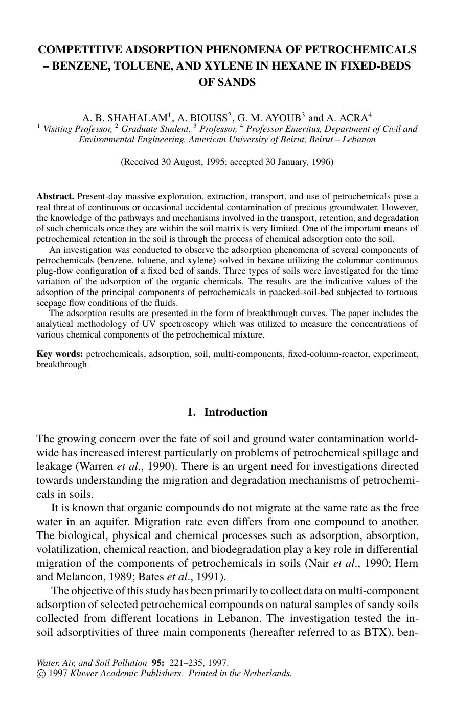 COMPETITIVE ADSORPTION PHENOMENA OF PETROCHEMICALS – BENZENE, TOLUENE, AND XYLENE IN HEXANE IN FIXED-BEDS OF SANDS by Unknown
