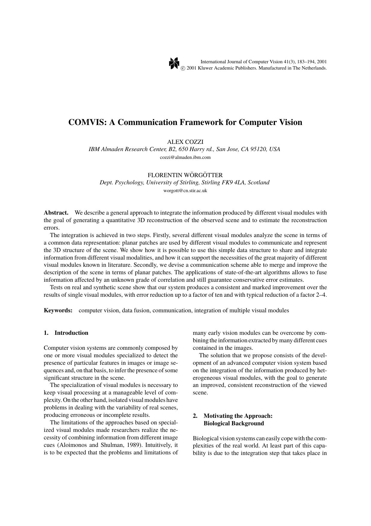 COMVIS: A Communication Framework for Computer Vision by COMVIS A Communication Framework for Computer Vision